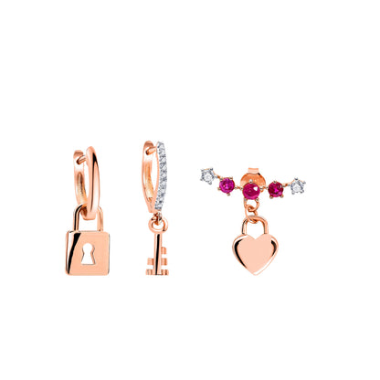 Diamond Pink Heart, Key and Lock Earrings