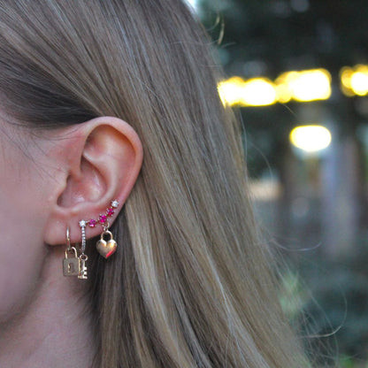 Diamond Pink Heart, Key and Lock Earrings